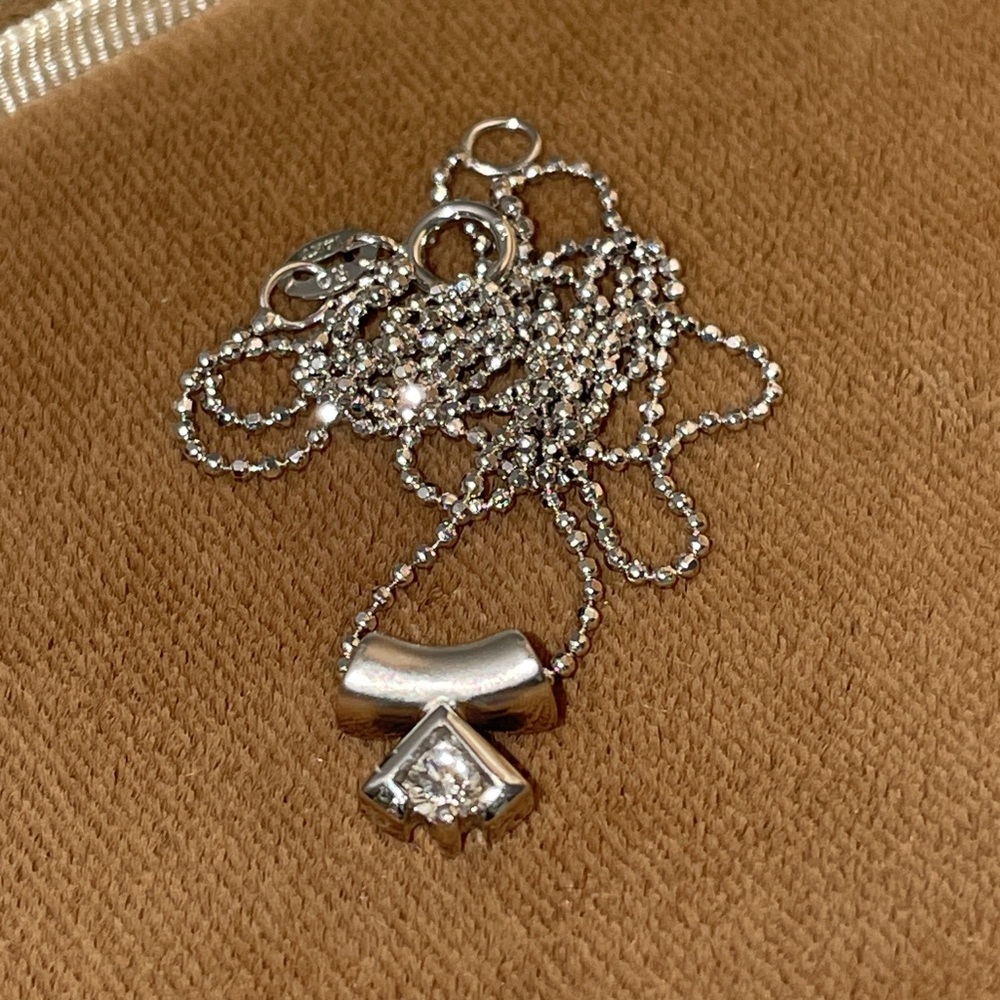 Vintage Solid White Gold 18K Natural Diamond Solitaire Pendant 14K Bead Necklace